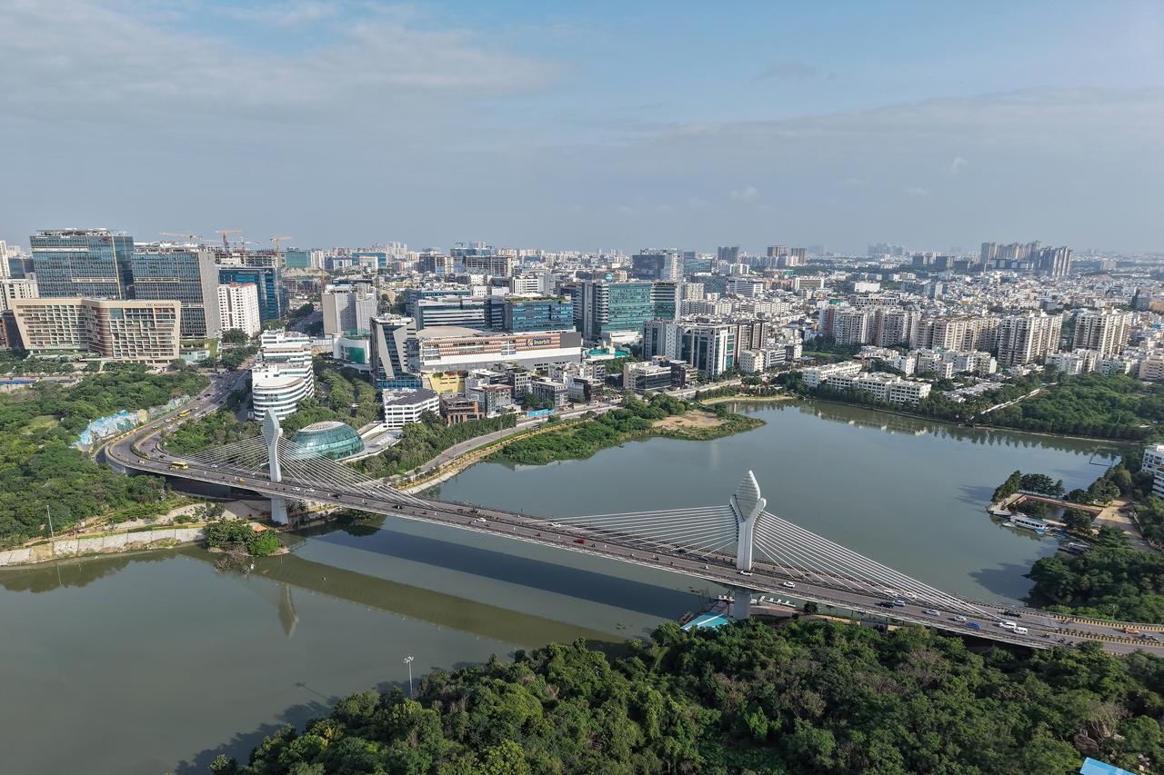 Durgam Cheruvu cable-stayed bridge amid the HITEC City skyline