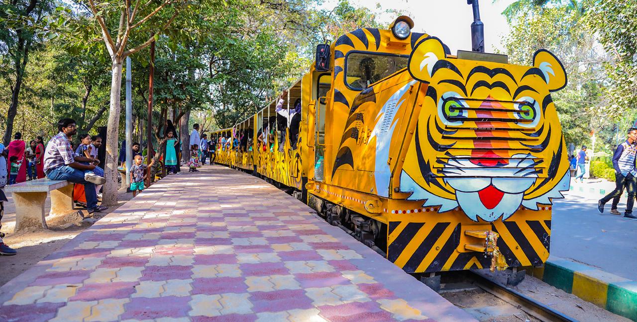 The tiger-liveried toy train at Nehru Zoological Park