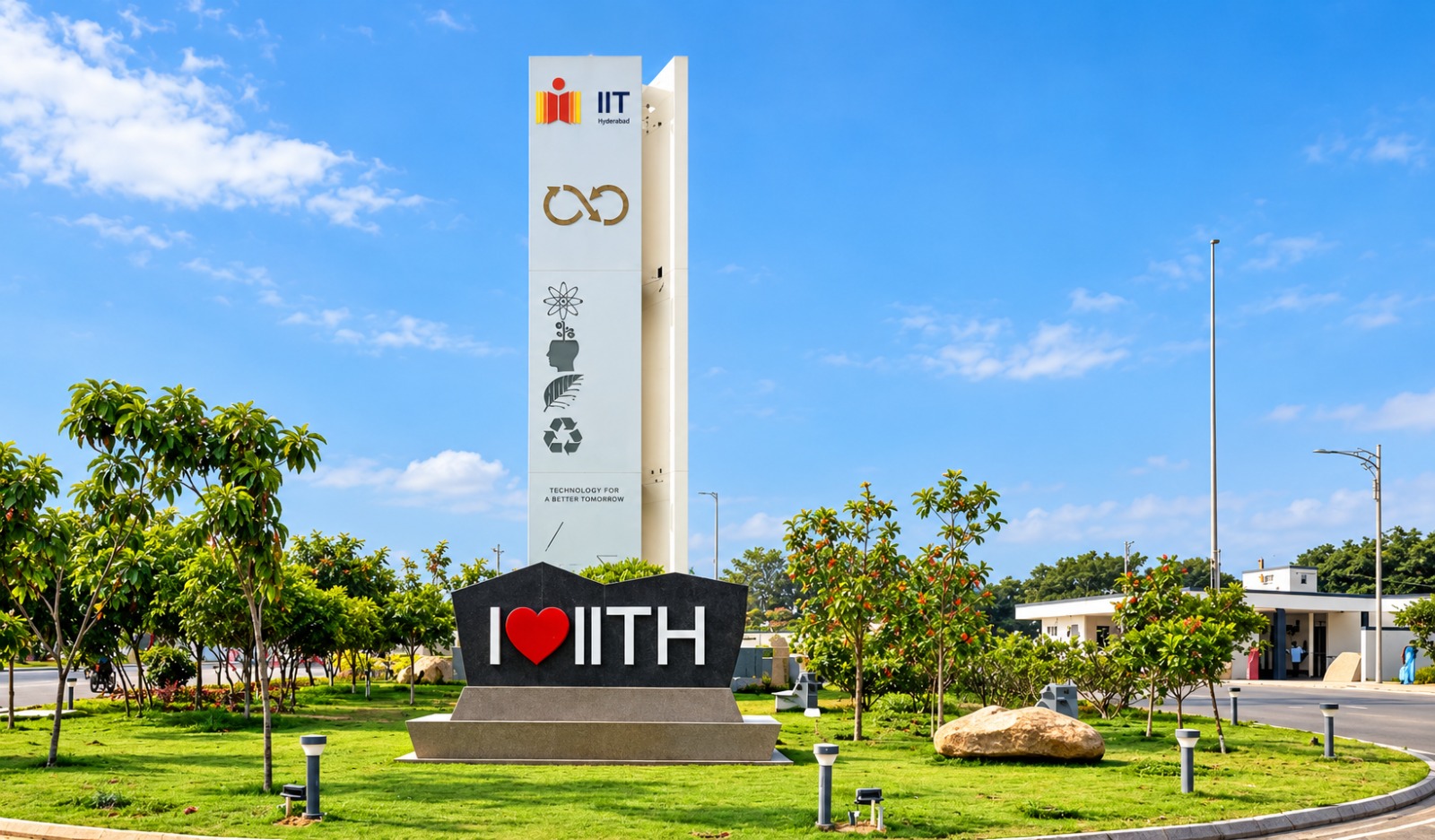 IIT Hyderabad campus monument with the I love IITH sign