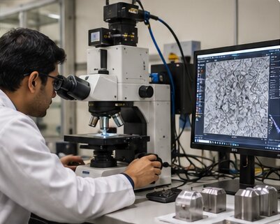 Researcher in a lab coat at a microscope, with a microstructure image on the monitor beside him