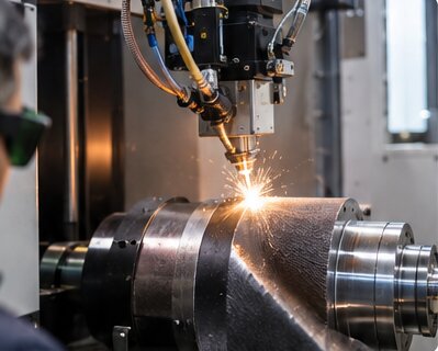 Orange industrial robot arm laser-processing a metal mold component on the factory floor