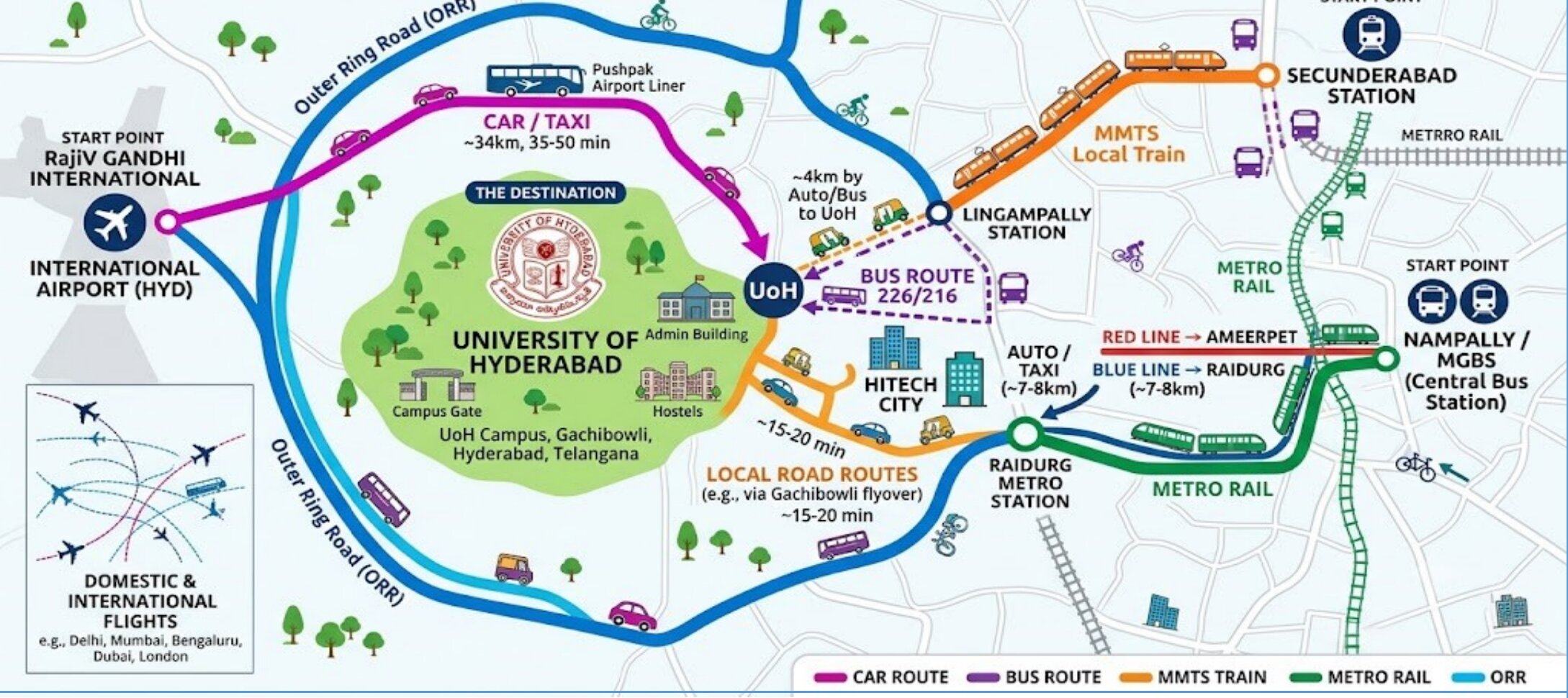 Illustrated route map showing directions from Rajiv Gandhi International Airport, Lingampalli Railway Station, and Raidurg Metro Station to the University of Hyderabad campus
